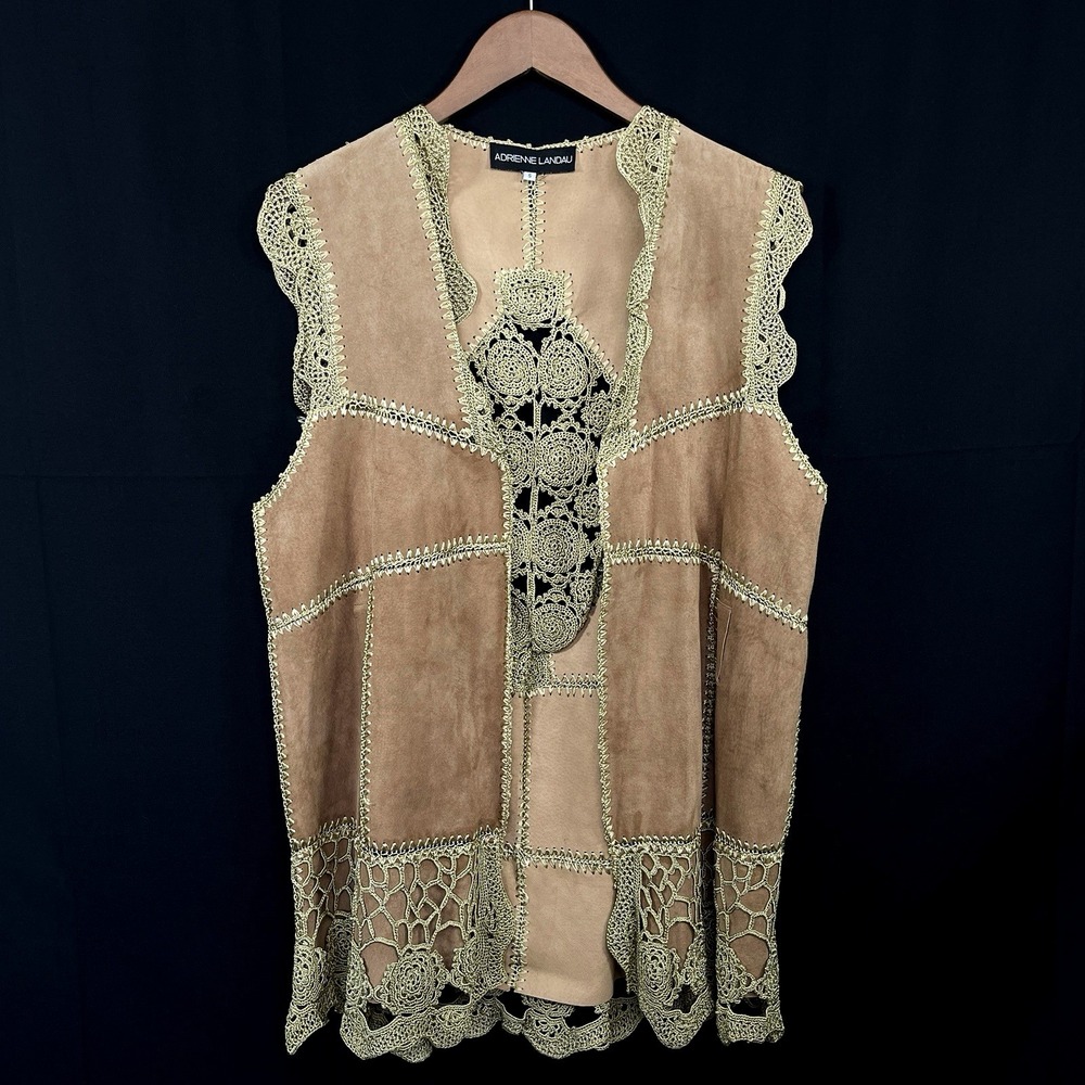 Vintage Adrienne Landau Suede Crocheted Patchwork Vest Size S Beige Boho Cowgirl